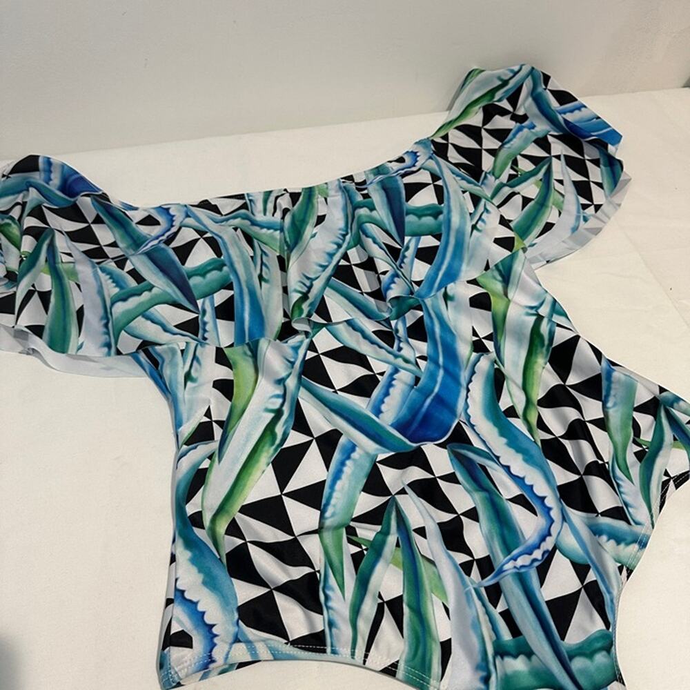 Black, White and Blue One Piece Off Shoulder Swimsuit - New without tags Size XL - Picture 2 of 5